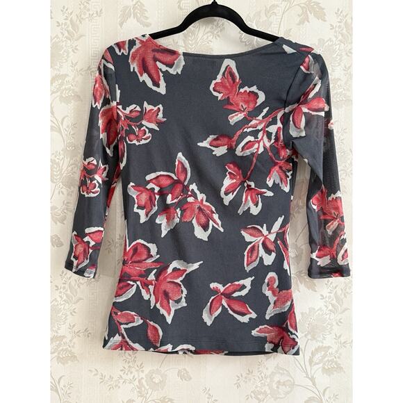 Vtg Y2K APT. 9 Sz XS Mesh‎ Floral Ruched Top Sheer Stretch Blouse - Picture 2 of 8